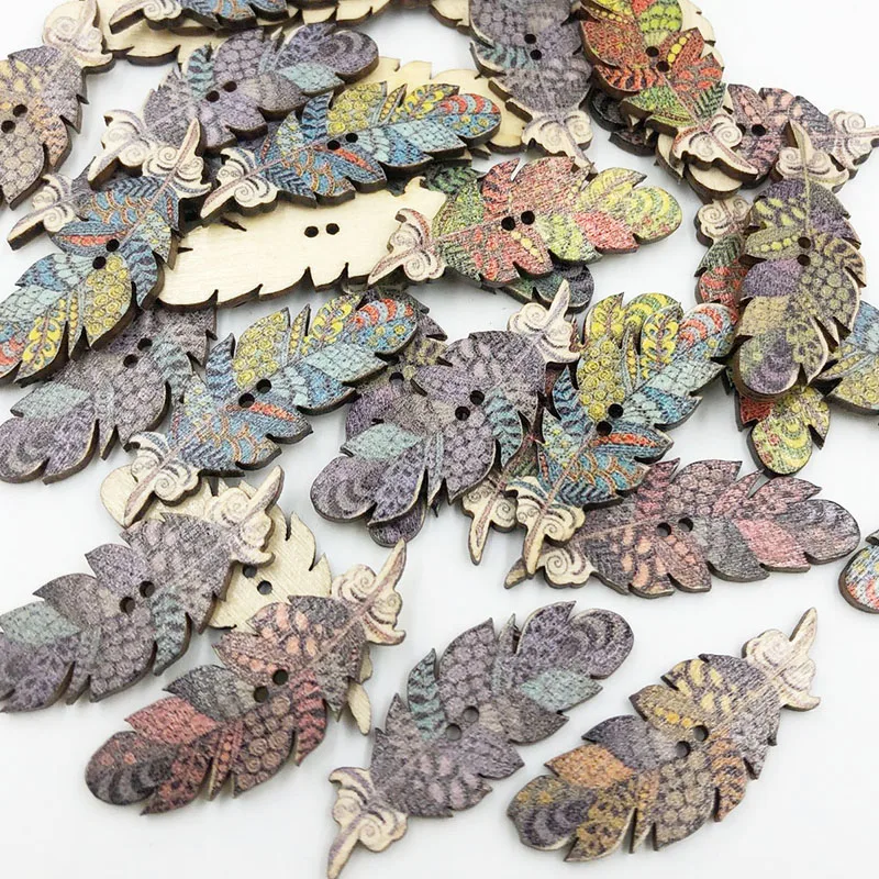 25/50PC feather Pattern Decorative Wooden Buttons Sewing Button Scrapbooking Crafts DIY Clothes Accessories 15x40mm WB675