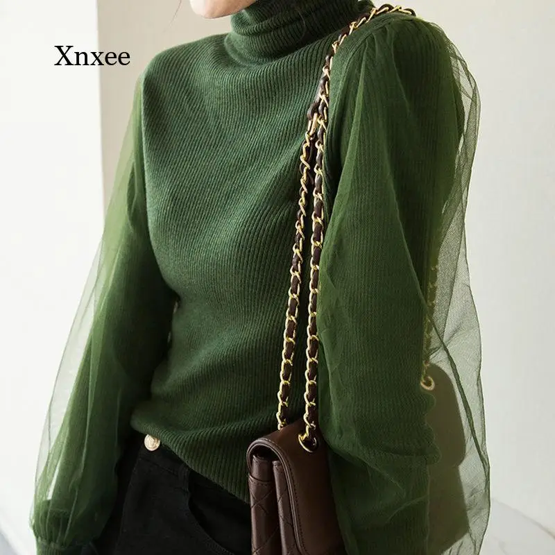 

2021 Fall/winter Women's Korean Elegant Turtleneck Knit Basic Top Korean Mesh Patchwork Knit Sweater Pullover