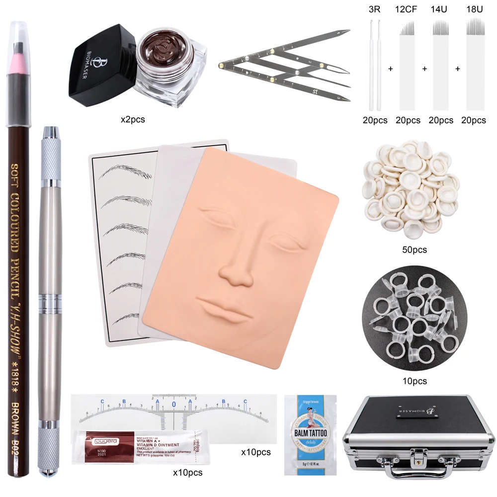 Tattoo Kit Permanent Makeup Eyebrow Microblading Kit 3D Practice Skin Ink Ring Cup Manual Pen Beauty Kit Set Beginners Tools