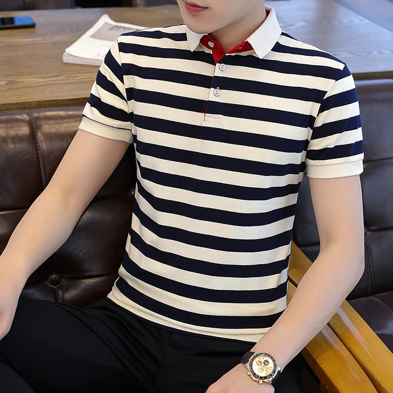 Clássico masculino fino ajuste listrado algodão polo camisas 2025 verão manga curta topos t casual botão lapela pulôver polos roupas