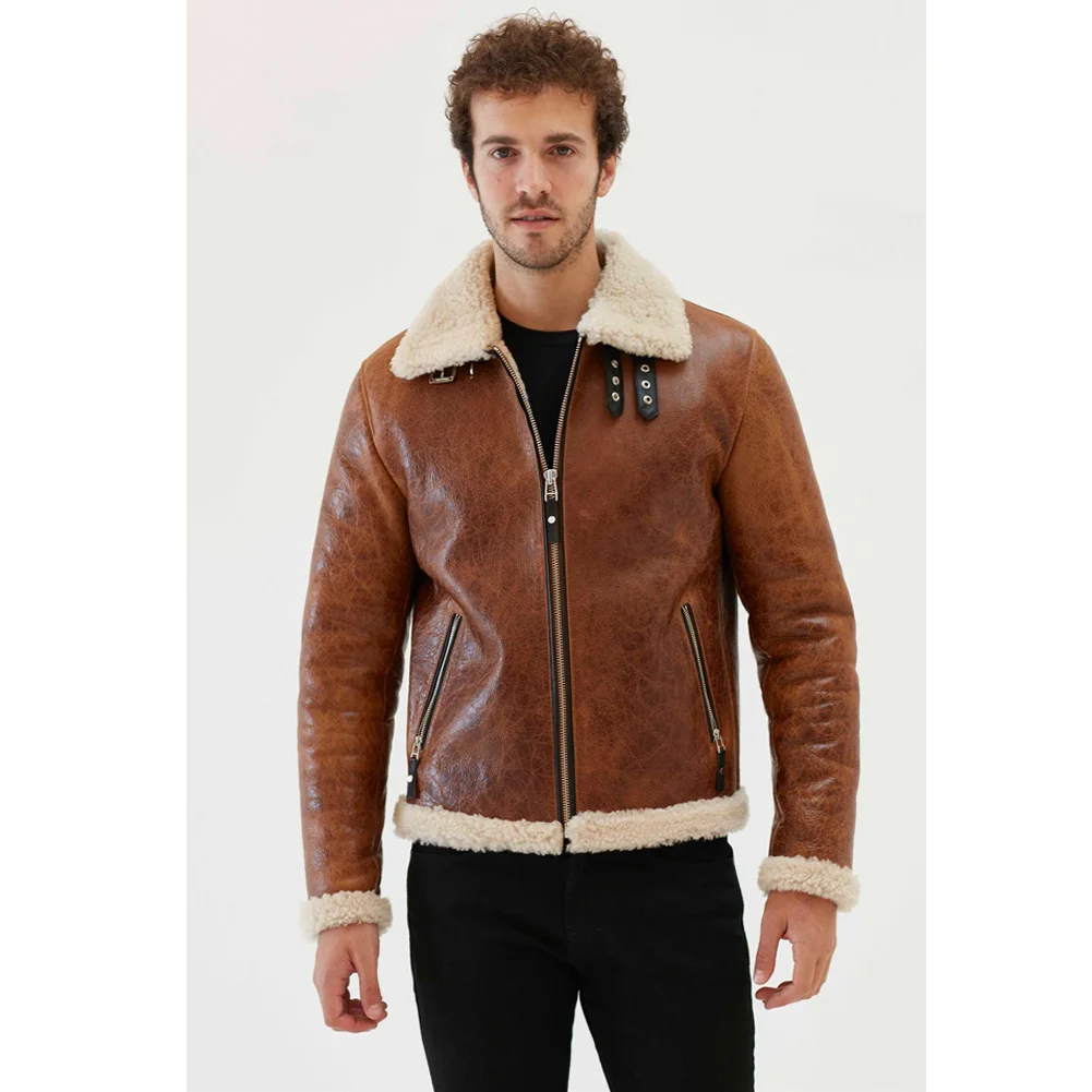 2019 New Mens Aviator Shearling Jacket Turkey Sheepskin Coat Mens Winter Coats Short Leather Jacket