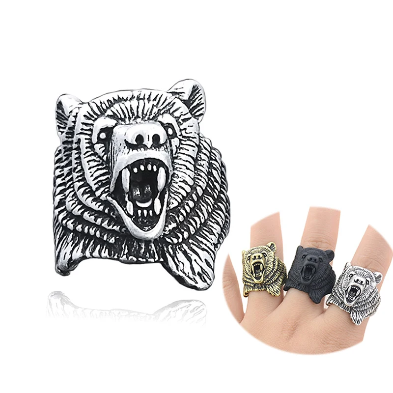 Fashion Vintage Viking Roaring Grizzly Bear Ring Anel Men Retro Style Cool Big Animal Polar Bear Rings For Women Gifts Anillos