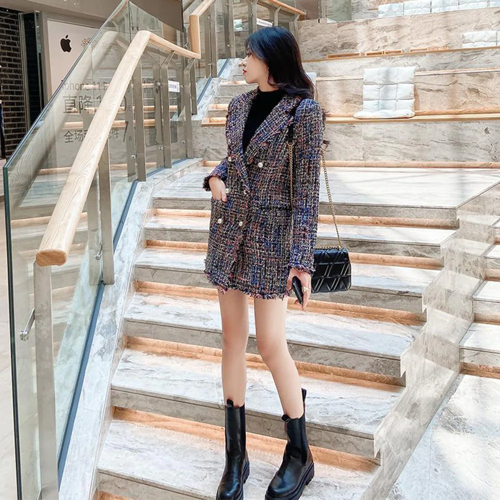 Spring Autumn New Style 2023 Small Fragrance Wind Temperament Plaid Tweed Jacket Women Mid-length All-match Woolen Fashion Coat