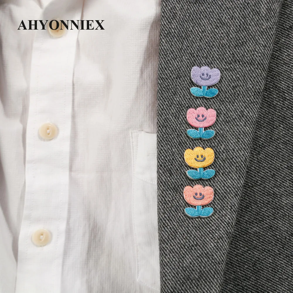 AHYONNIEX 1 Set Cartoon Flower Bear Candy Embroidery Patches for Bag Jeans Cute Iron On Patches for Clothes Small DIY Patches