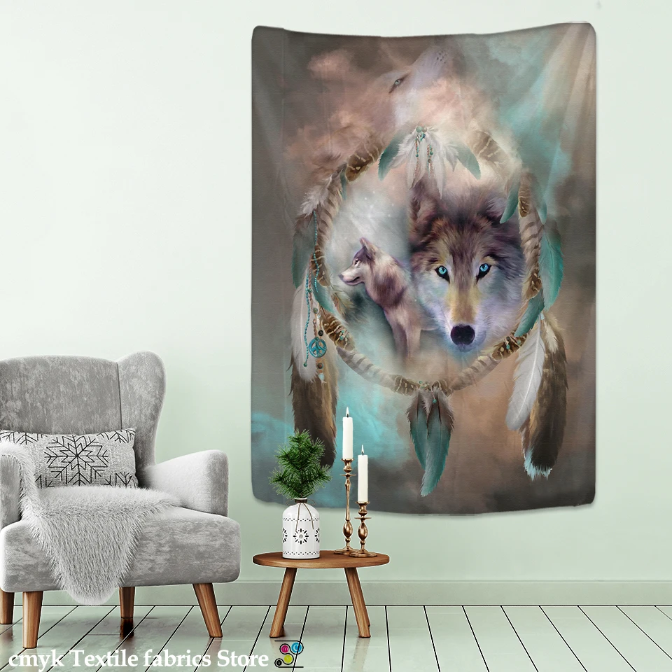 Running Wolves Holy Animals Tapestry Decoration Wall Hanging Lion Wolf Tiger Pattern Background Wall Tapestry Home Textile Woven