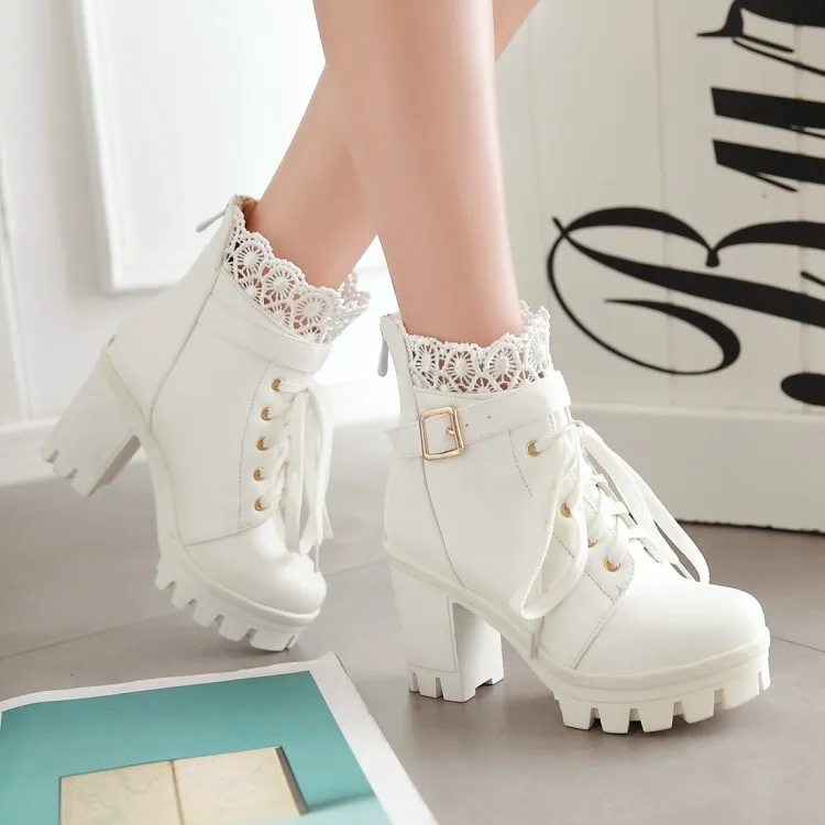 High Heels Women Winter Boots Zipper Motorcycle Boots Warm Fur Round Toe Platform Boots Female Ankle Boots Plus Size 43