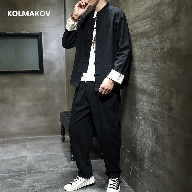 

(Shirt + trousers)2024 autumn fashion long sleeve men shirt Cotton and linen shirts men's casual shirts men full size M-5XL