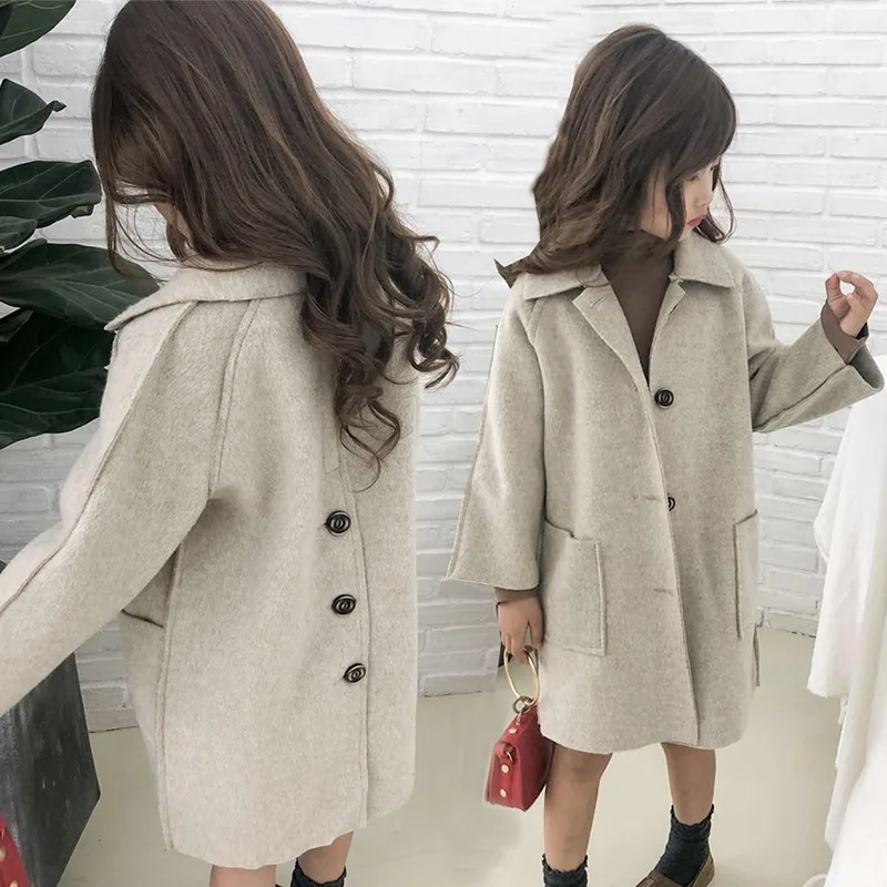 Girls Baby\'s Woolen Coat Jacket Outwear 2021 Solid Grey Thicken Autumn Winter Hooded Keep Warm Button Children\'s Clothing