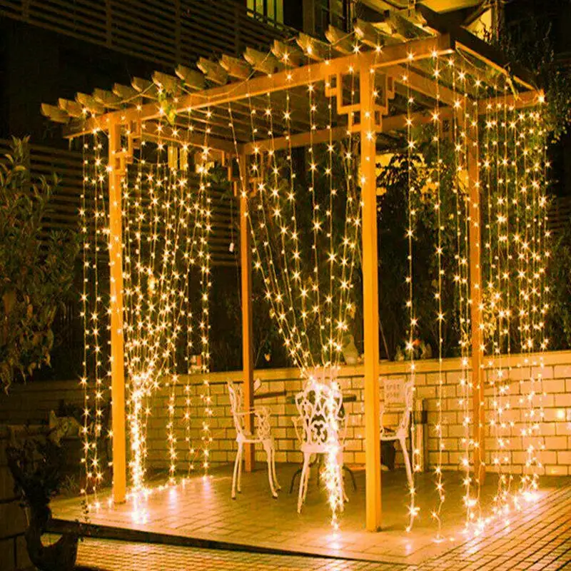 

3M*3M 300LEDs Solar powered LED Curtain Fairy String Light Wedding Party Garden Outdoor Window twinkle Lighting Decor-Warm white