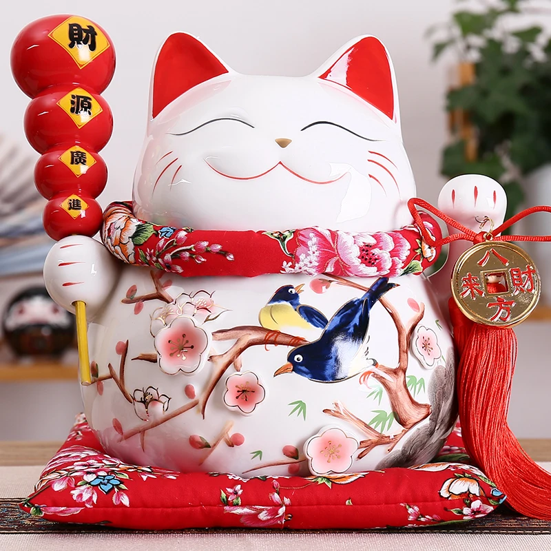 

10 inch Red Ceramic Manaki Neko Feng Shui Decor Lucky Cat Beckoning Cat Piggy Bank Business Gift Home Decoration Money Box