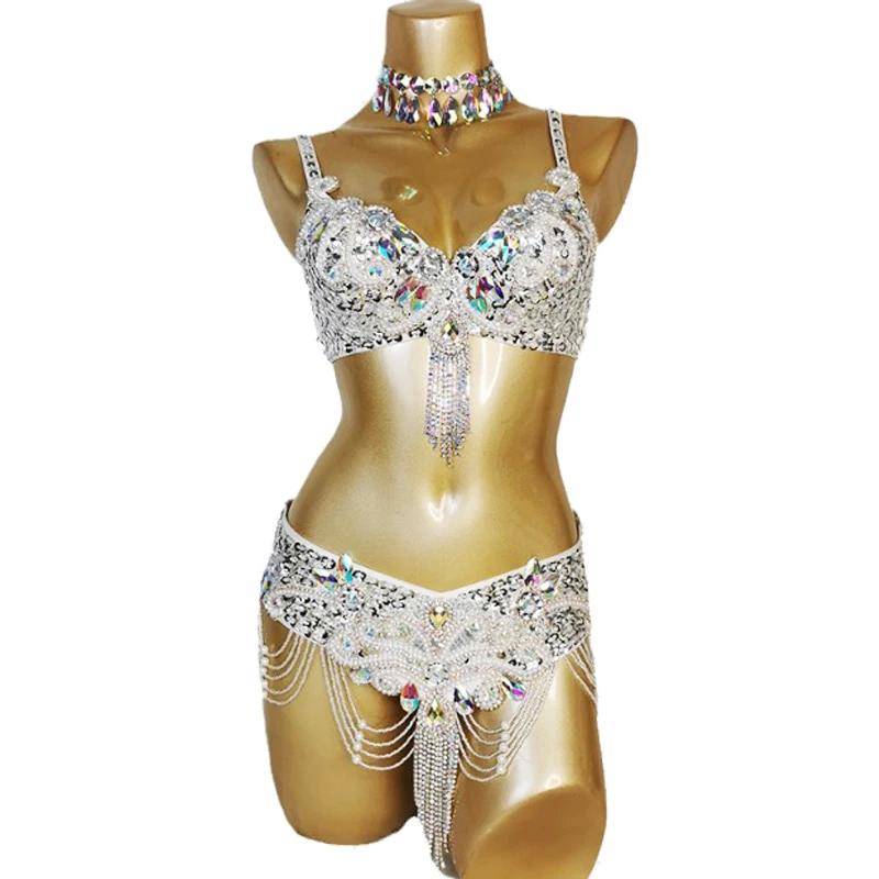 Neue Ankunft frauen Perlen Bauchtanz Kostüme Tragen Bh Gürtel 2pc Sets Damen Bellydancing Kostüme Karneval Bauchtanz Kleidung