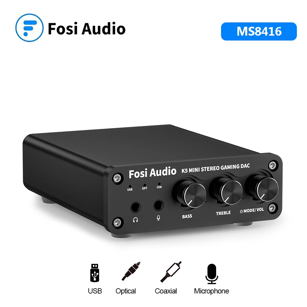 Fosi Audio K5 Mini Stereo Gaming DAC Headphone Amplifier With Microphone USB Audio Converter Bass Treble for Powered Speaker