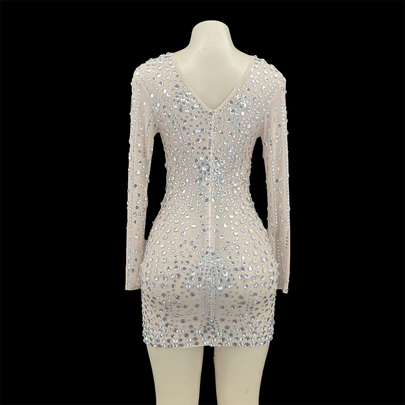 Bling Silver Sequins Stones  Transparent Dress Women's Prom Birthday Celebrate Dress Latin Dance Short Dress