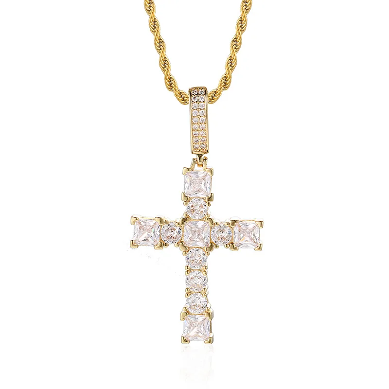 

Hip Hop Prong Settting AAA CZ Stone Bling Iced Out Cross Pendants Necklaces for Women Men Rapper Jewelry Gold Silver Color