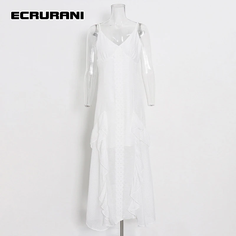 

ECRURANI White Sexy Ruffles Cami Dress For Females V Neck Sleeveless High Waist Slimming Solid Mid Dresses 2021 Autumn Clothing