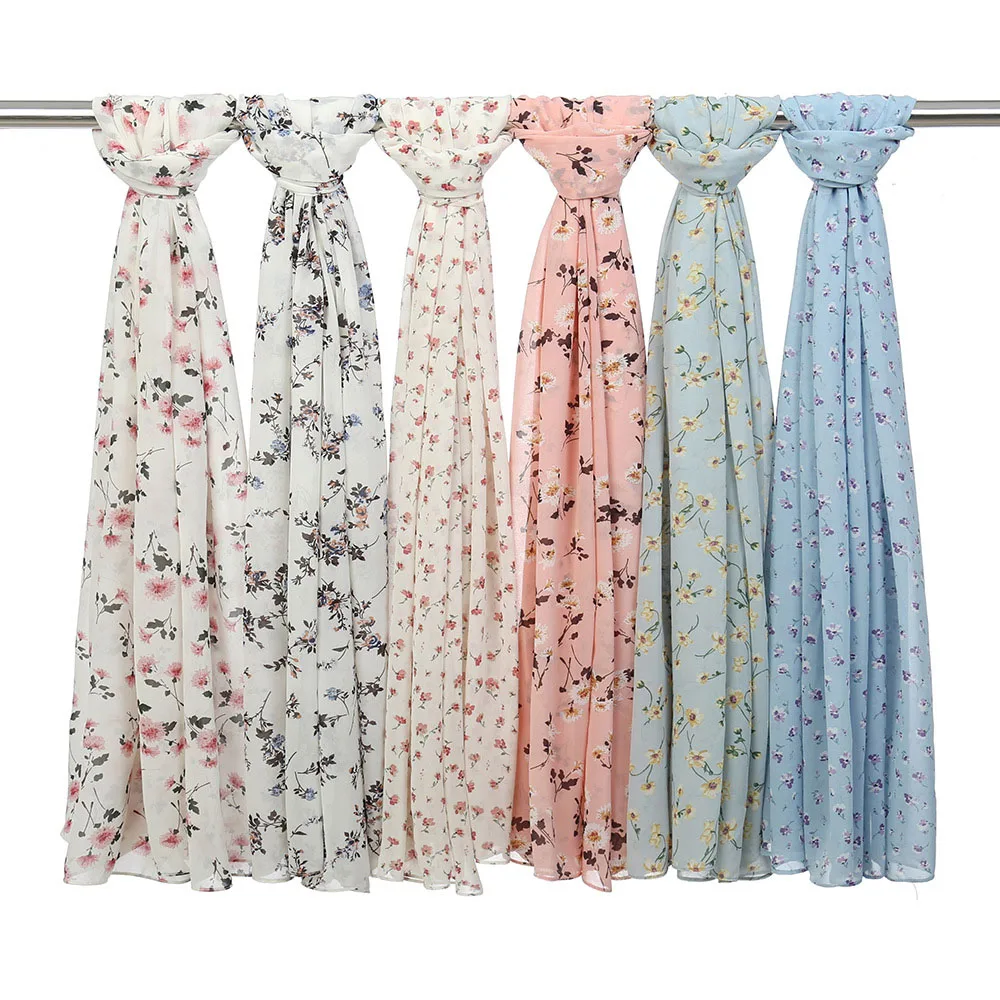 통기성 꽃 버블 쉬폰 스카프 히잡 꽃 패턴 이슬람 여성 긴 히잡 이슬람 머리 스카프 머리띠 터번 헤드 랩