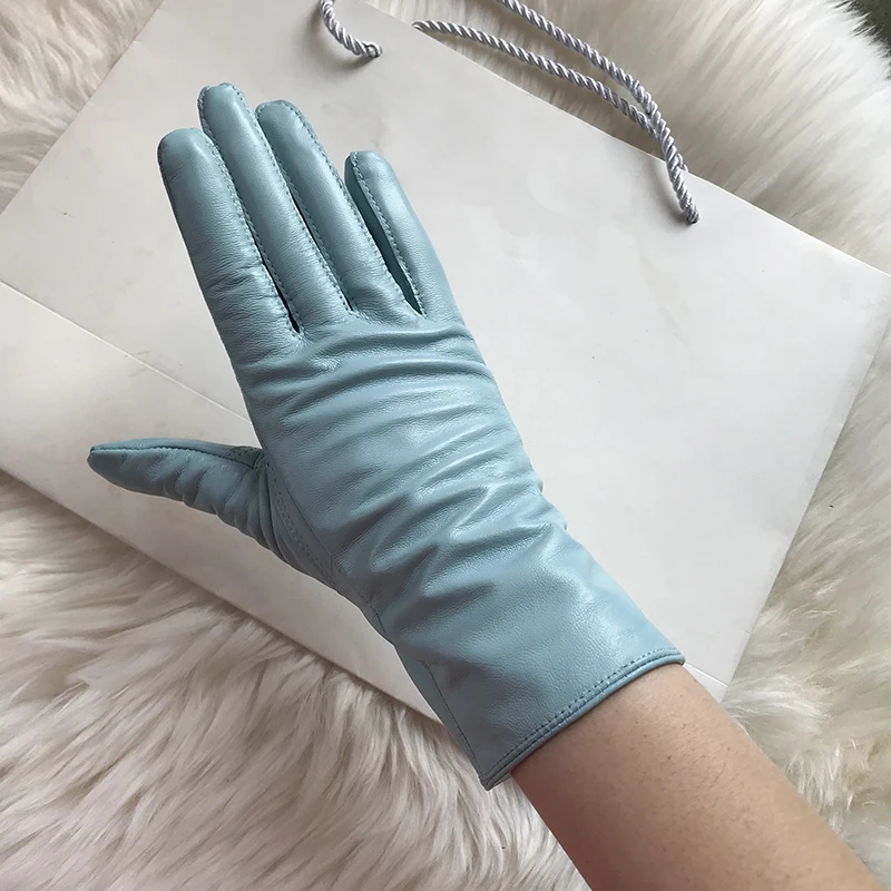 Genuine Leather Gloves 24cm Women Light Blue Thin Rayon Lining Straight Edition Style Men Pure Sheepskin Glove Color Driving