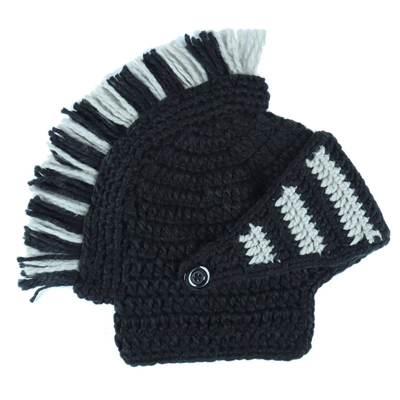 Unisex Funny Chunky Knit Roman Knight Helmet Hat Contrast Color Tassel Barbarian Earflap Beanie Skull Cap with Face Mask