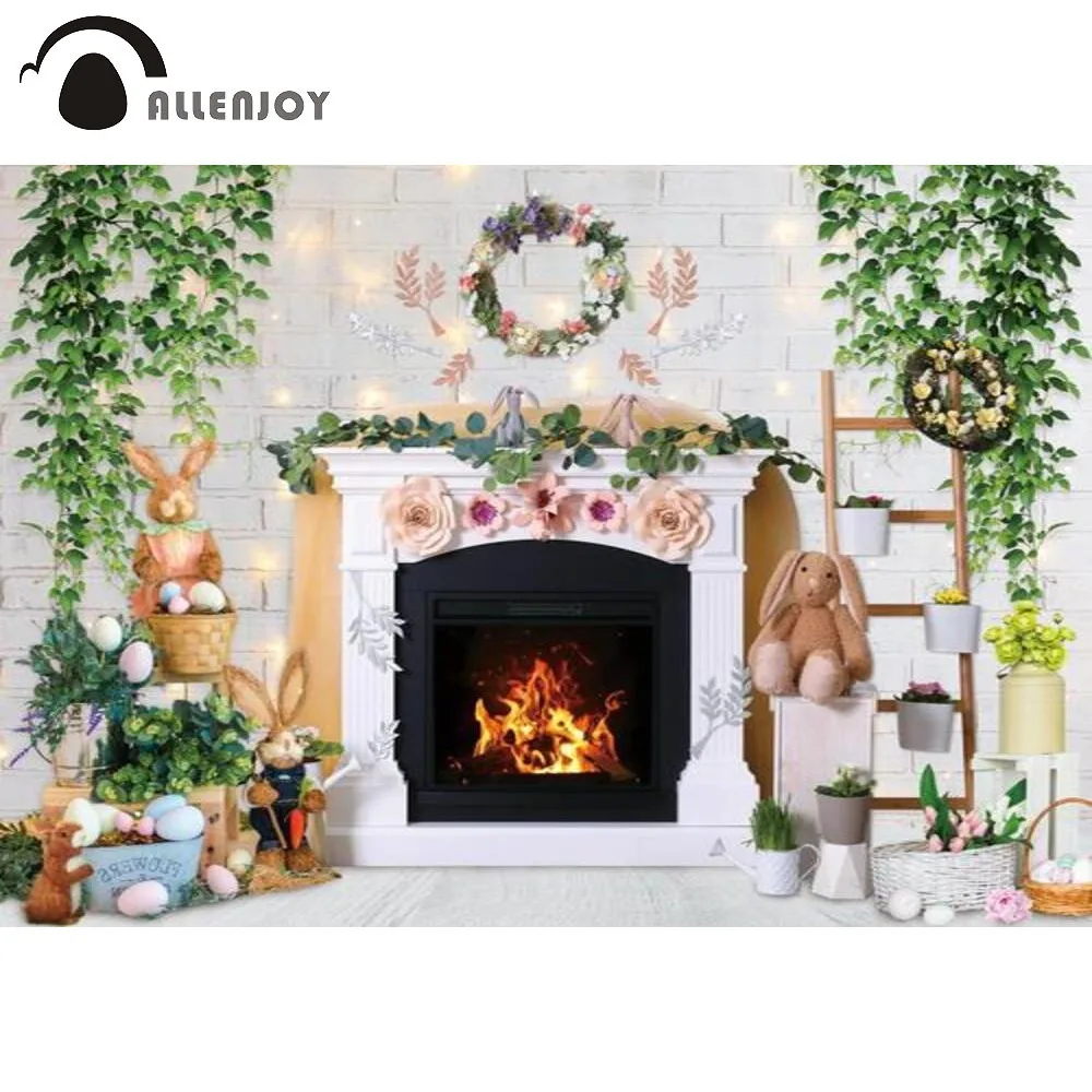 

Allenjoy Spring Easter Fireplace Backdrop Eggs Brick Wall Background Bunny Rabbit Festival Party Banner Studio Photo Booth Props