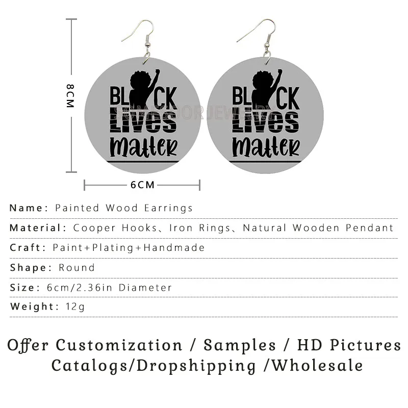 SOMESOOR Black Lives Matter Woman Wooden Drop Earrings Afro Melanin Power Fist Printed Big Loops Dangle Jewelry For Lady Gifts