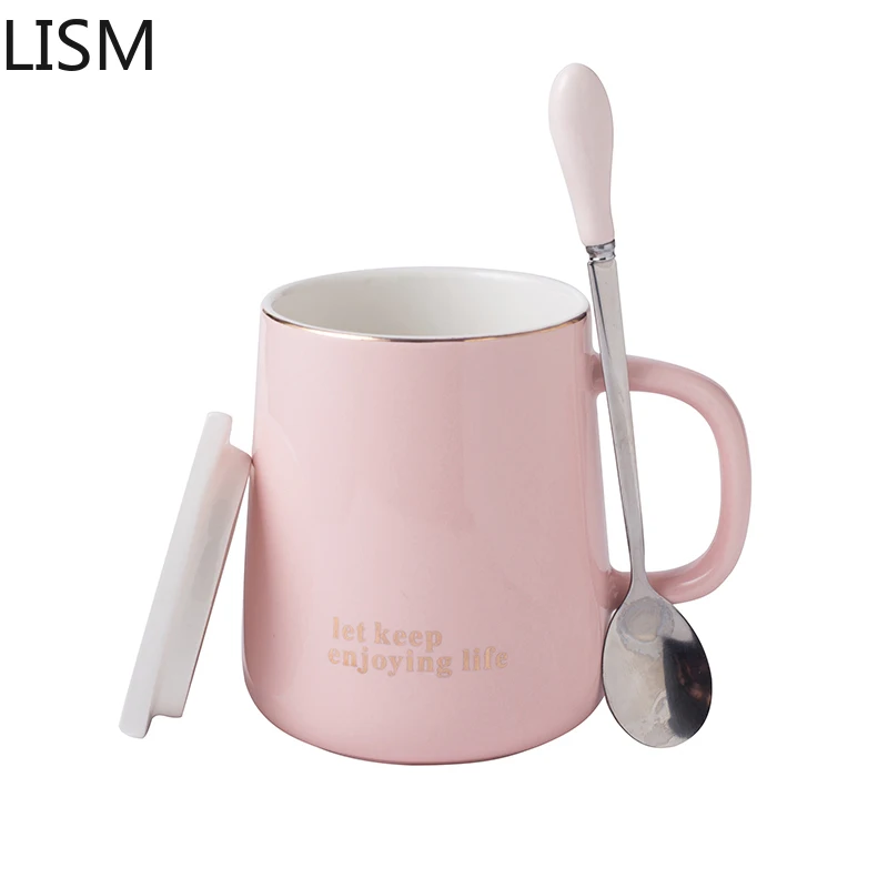 Pink Cute Coffee Mug Lid Spoon Luxury Ceramic Mugs Personalized Print Porcelain Household Water Simple Couple Ceramic Mark Cups