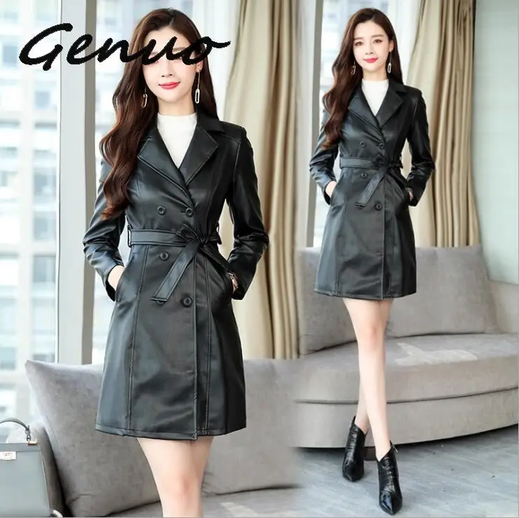 Genuo Women Sheepskin PU Leather Jacket Belt Gothic Black Trench Free Wash Autumn Winter Double-breasted  Cotton Coat