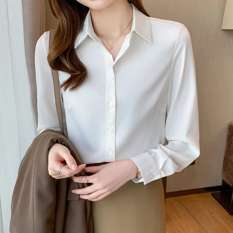 2022 Herfst Witte Top Vrouwen Office Lange Mouwen Satin Shirt Button Solid Shirt Franse Lange Mouwen Vintage Blouse vrouwelijke Nieuwe 17380