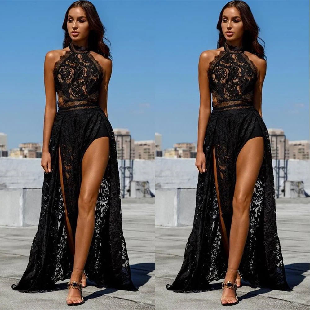 

Plus Size Black Lace Girl Prom Party Gown Thigh-High Slits Applique Evening Dresses Birthday Christmas Custom High Neck Mermaid