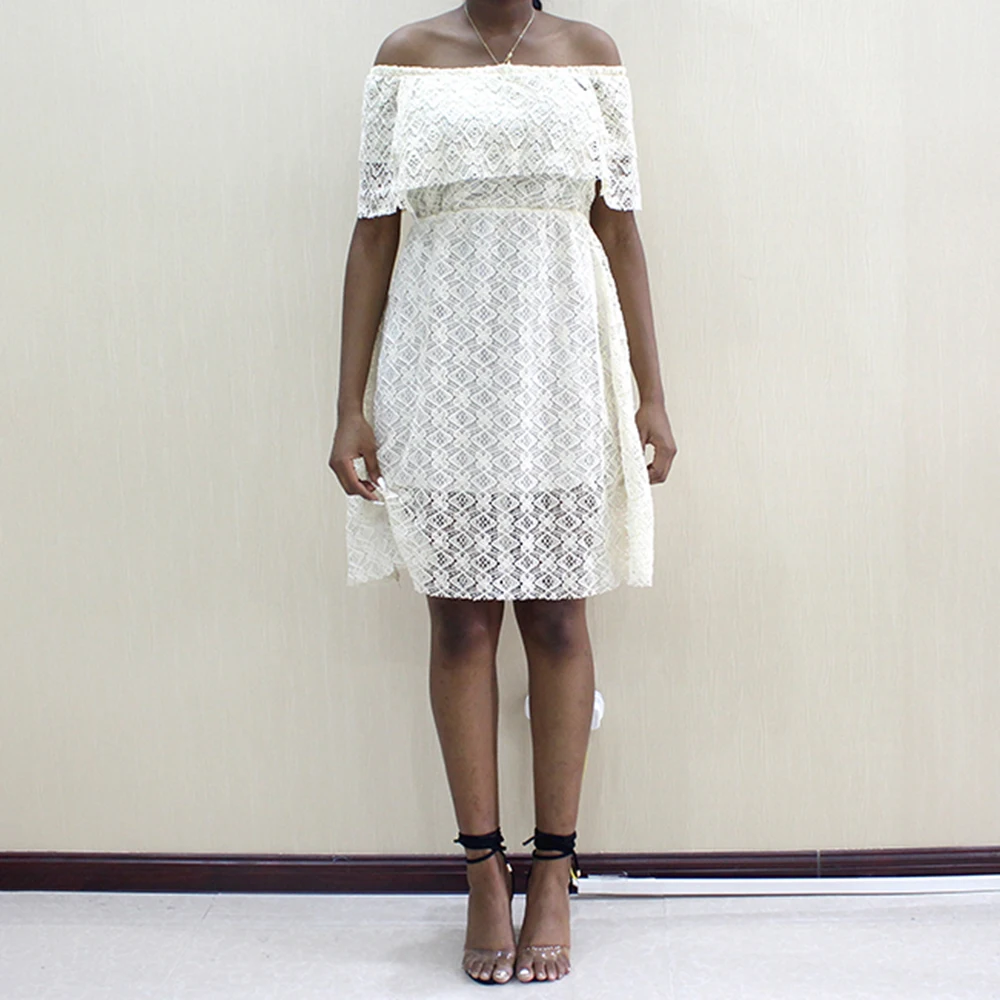 

African Lace Dress 2020 Summer Dresses For Women Hollow Out Style One Collar Slim Knee Dress Sexy Pure White Traditional Clothes