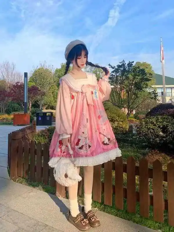 Robe lolita vintage pour filles, tenue douce japonaise, manches bouffantes, taille haute, impression victorienne, mignonne, kawaii, gothique