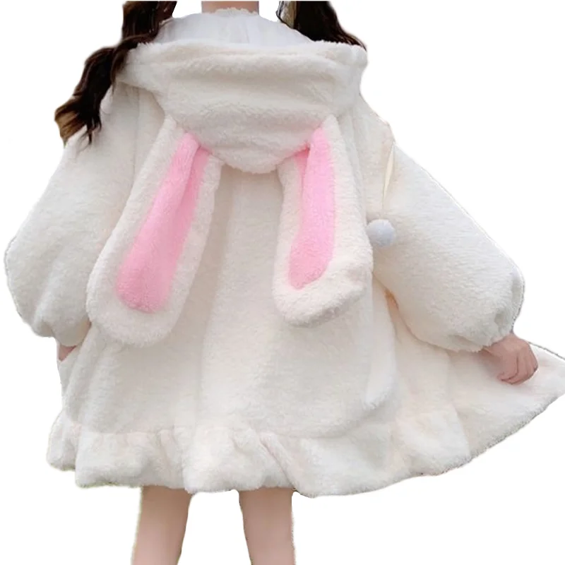 Autumn Winter Women Harajuku Kawaii Rabbit Ear Hooded Sweatshirt Loose Long Ruffle Hem Fleece Hoodie Cute Warm Zip-Up Streetwear