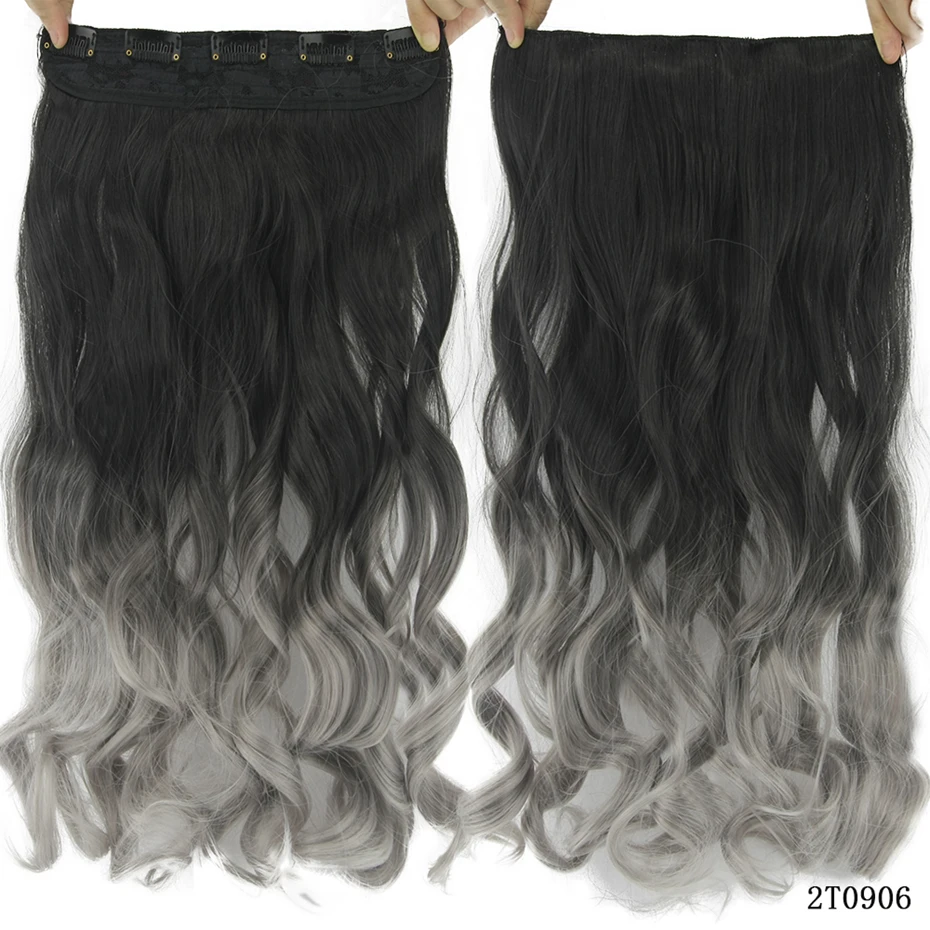 Soowee Long Black to Grey Curly Synthetic Hair Ombre Hair Clip In Hair Extension Fake Clip Ins Hair Pieces for Women