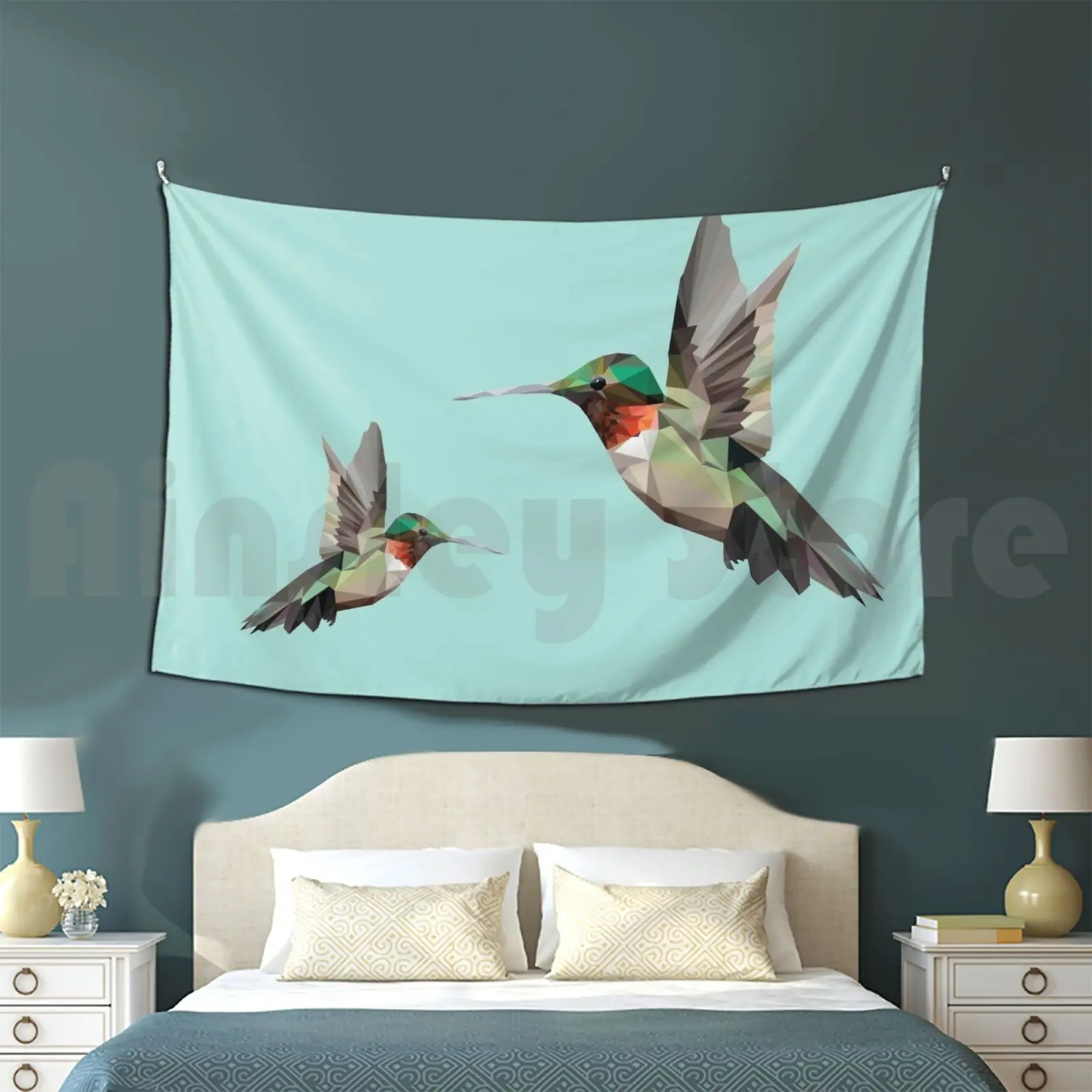 Geometric Hummingbird Customized Tapestry Humming Bird Bird Poly Polygons Flight Flying Geometric