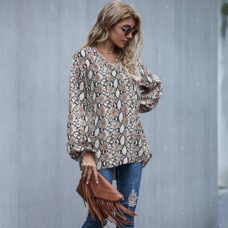 Blusa holgada informal de gasa con estampado de leopardo para mujer, camisa de manga larga con cuello en V, Estilo Vintage, talla grande, para otoño