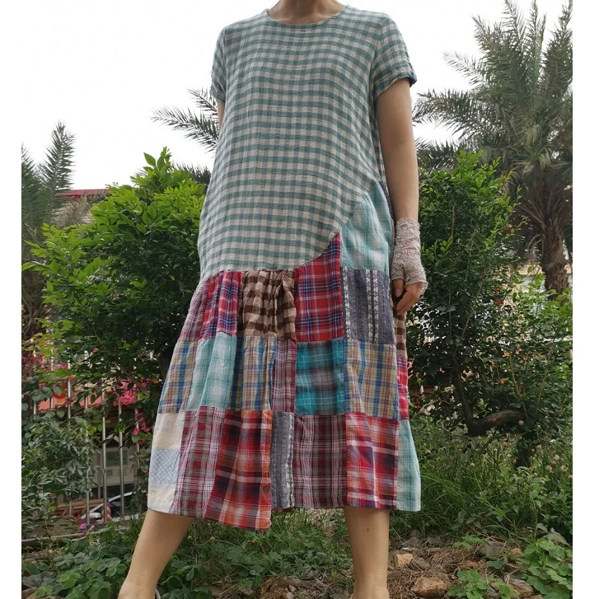 

Original Pastoral Patchwork Plaid Floral Loose Dress Women's Summer Sundresses Green Dress