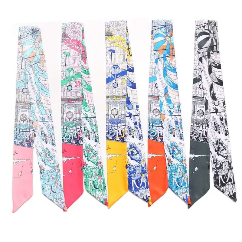 New fashion women\'s silk scarf Paris street view twill printing pareo beach tied bag ribbon scarf for hair female JK11