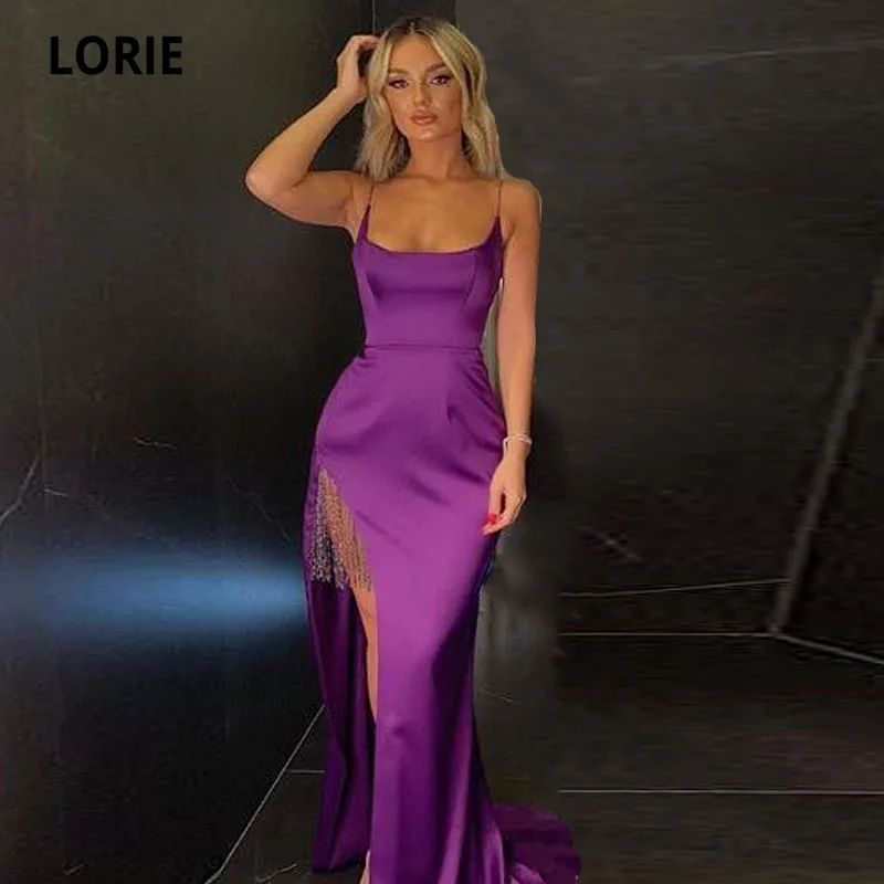 LORIE เซ็กซี่ชุดราตรีสปาเก็ตตี้สายคล้องแยกสีม่วงซาตินชุดราตรี Custom Made Party Celebrity Dress 2021