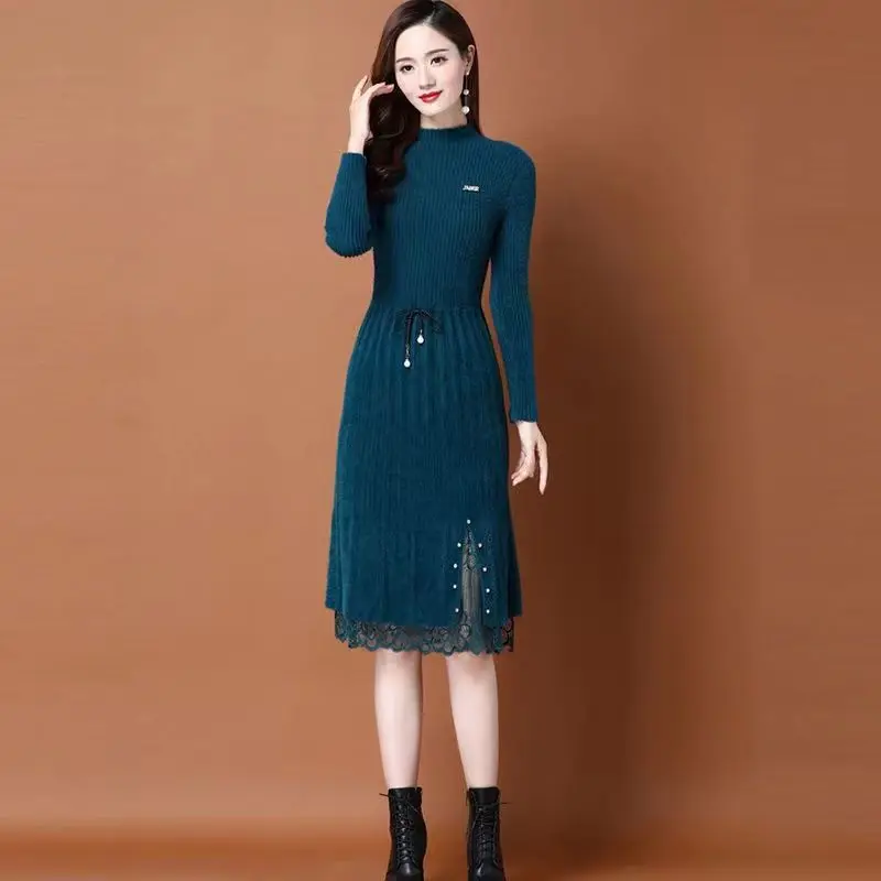 

Women's Autumn And Winter Dresses New Knee-length Slim Mid-length Knitted Bottoming Lace-up Sweater