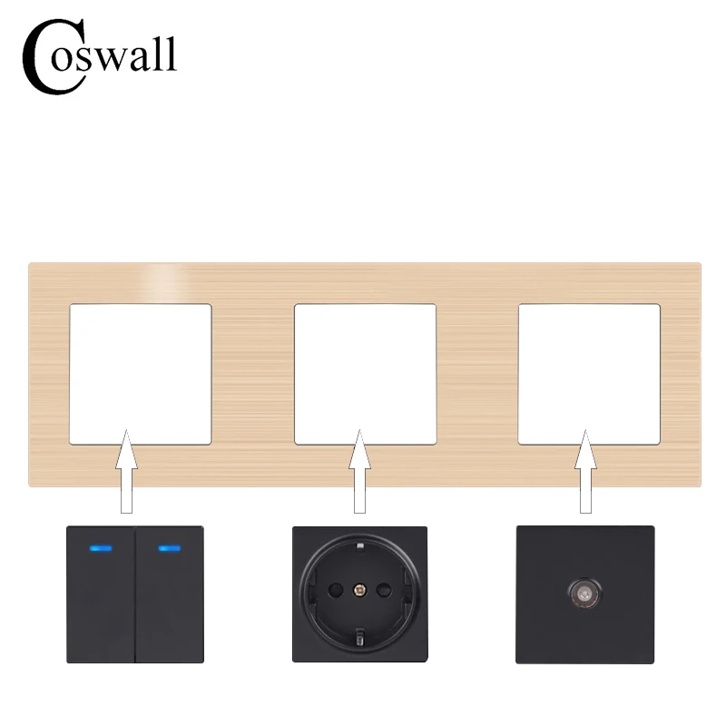 COSWALL L1 Series Gold Brushed Aluminum Panel Wall Switch EU French Socket HDMI-compatible USB Charger TV RJ45 Modules DIY