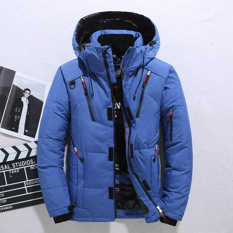 ยี่ห้อลงชายฤดูหนาว Parkas Men เป็ดสีขาวลงเสื้อแจ็คเก็ต Hooded กลางแจ้งหลายกระเป๋าหนาหนาเบาะหิมะ Coat ชาย