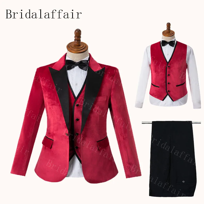 

Bridalaffair Winter Red Velvet Tuxedo For Mens Wedding Party Costume Groom Suits 3pcs Blazer Jacket pants vest Set Elegant Suit