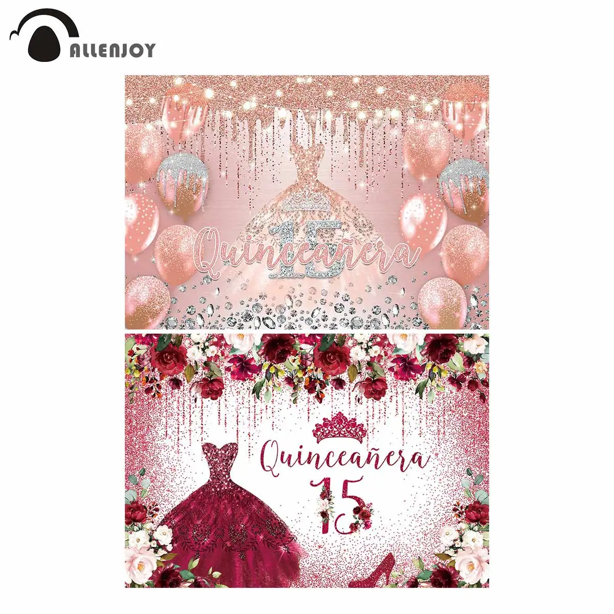 Allenjoy Rose Gold Quinceañera Backdrop Girl Princess Glitter Dress 15th 16th Birthday Crown Party Decoration Banner Photo Booth