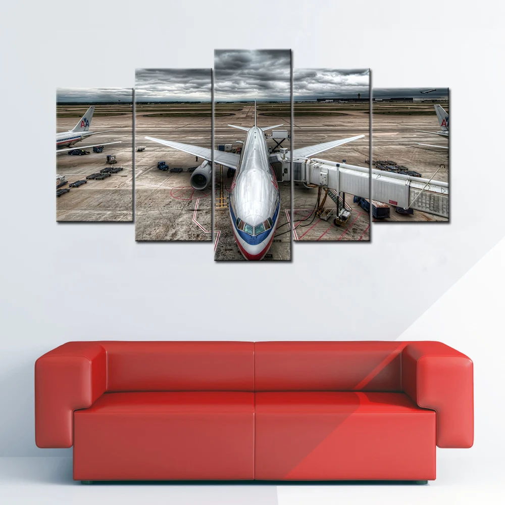 Canvas Prints 5 Piece Wall Art Painting Aeroplane At The Airport HD Posters Wall Picture Home Decoration