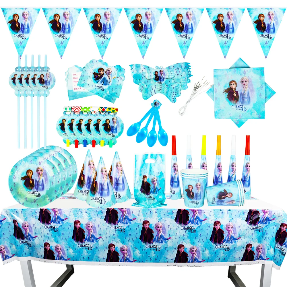 Disney Frozen 2 Kids Birthday Party Balloon High Quality Paper Cups Plates Flag Bags Tablecloth Baby Shower Decorations Supplies