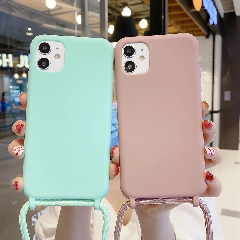 Custodia per telefono in tinta unita per iPhone 13 12 Mini 11 Pro Max XR X XS Max 6 7 8 Plus cordino collana catena appendere cinturino corda copertura corda