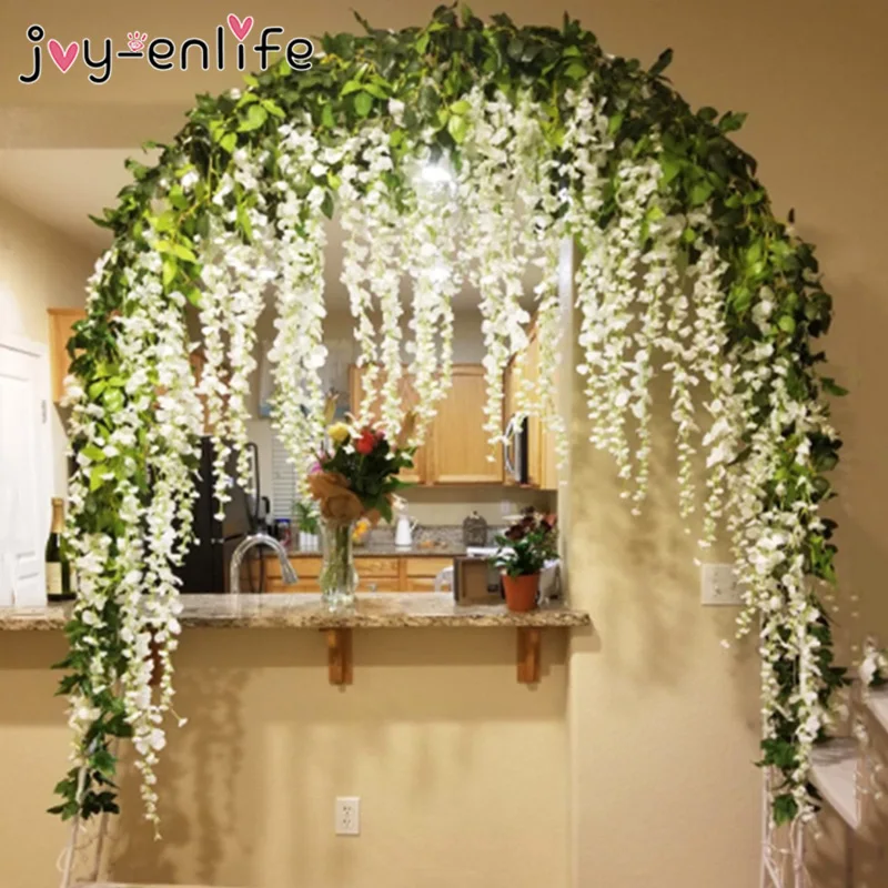 1.90M Wisteria Artificial Flowers Vine Garland Wedding Arch Decoration Fake Plants Foliage Rattan Trailing Faux Flowers Ivy Wall