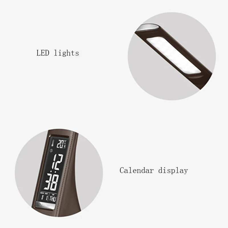 Imagem -02 - Modos de Led Lâmpada de Mesa de Escritório Calendário de Couro Temperatura Despertador Iluminação Olho-protegido Lâmpada de Mesa de Luz de Leitura Estudantes 3