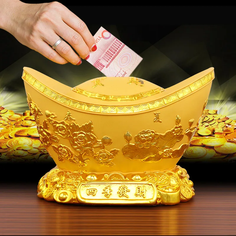 

Feng Shui Golden Lngot Piggy Bank ,Resin Modern Art Sculpture Large Capacity High Quality Home Room Office Decoration Coin Box