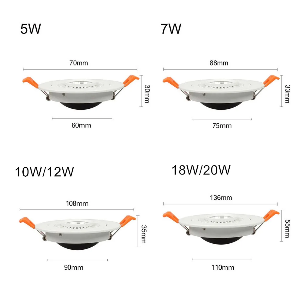 Możliwość przyciemniania LED typu Downlight wpuszczone W sufit reflektor Led 5W 7W 12W 220v lampa świecąca W dół 360 stopni obrotowy pokoju kryty