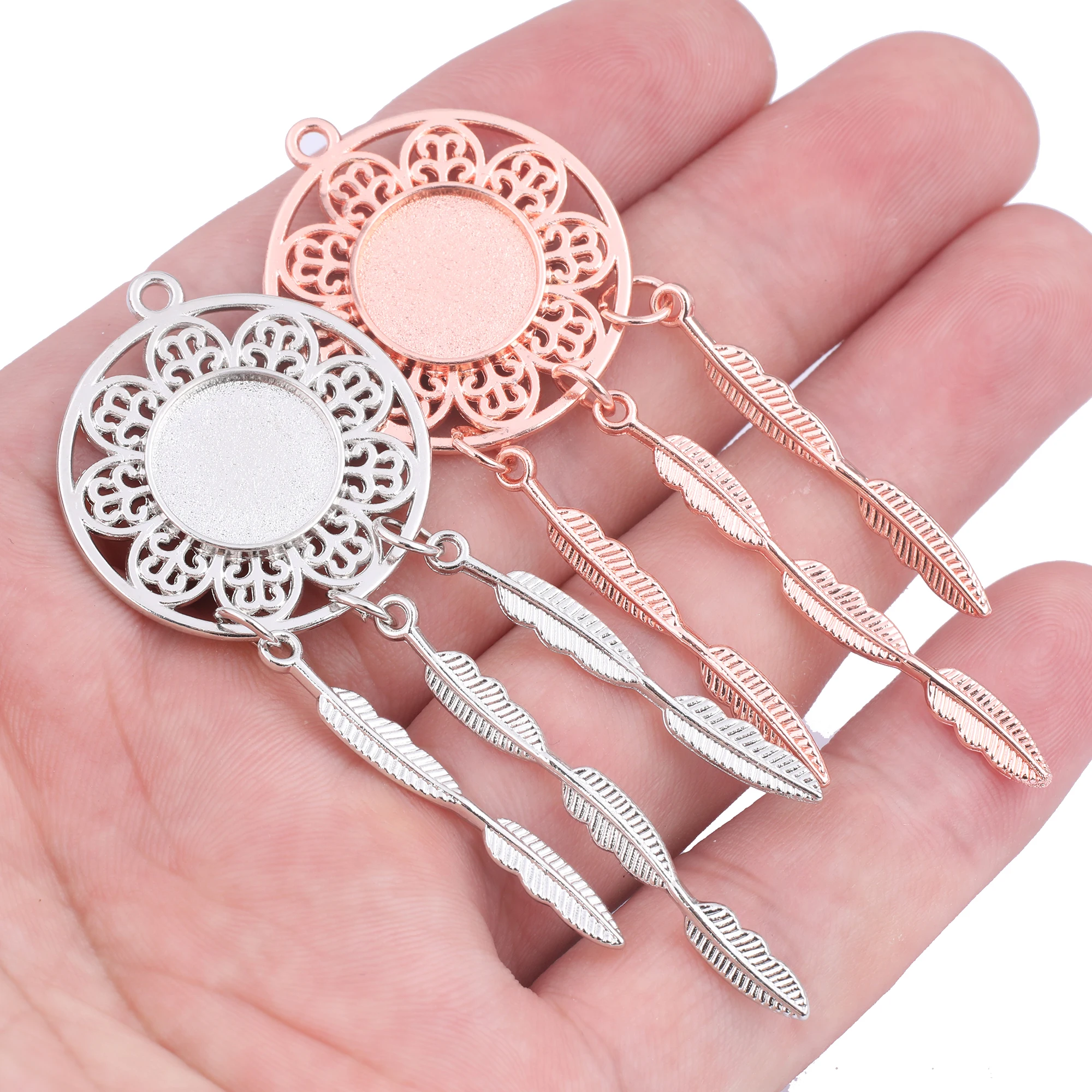 5pcs 12mm Cabochon Pendant Base Setting Trays With Feather teardrop Charms Diy Earring Necklace Bezel Blanks For Jewelry Making